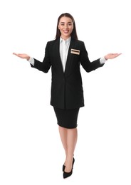 Full length portrait of happy young receptionist in uniform on white background