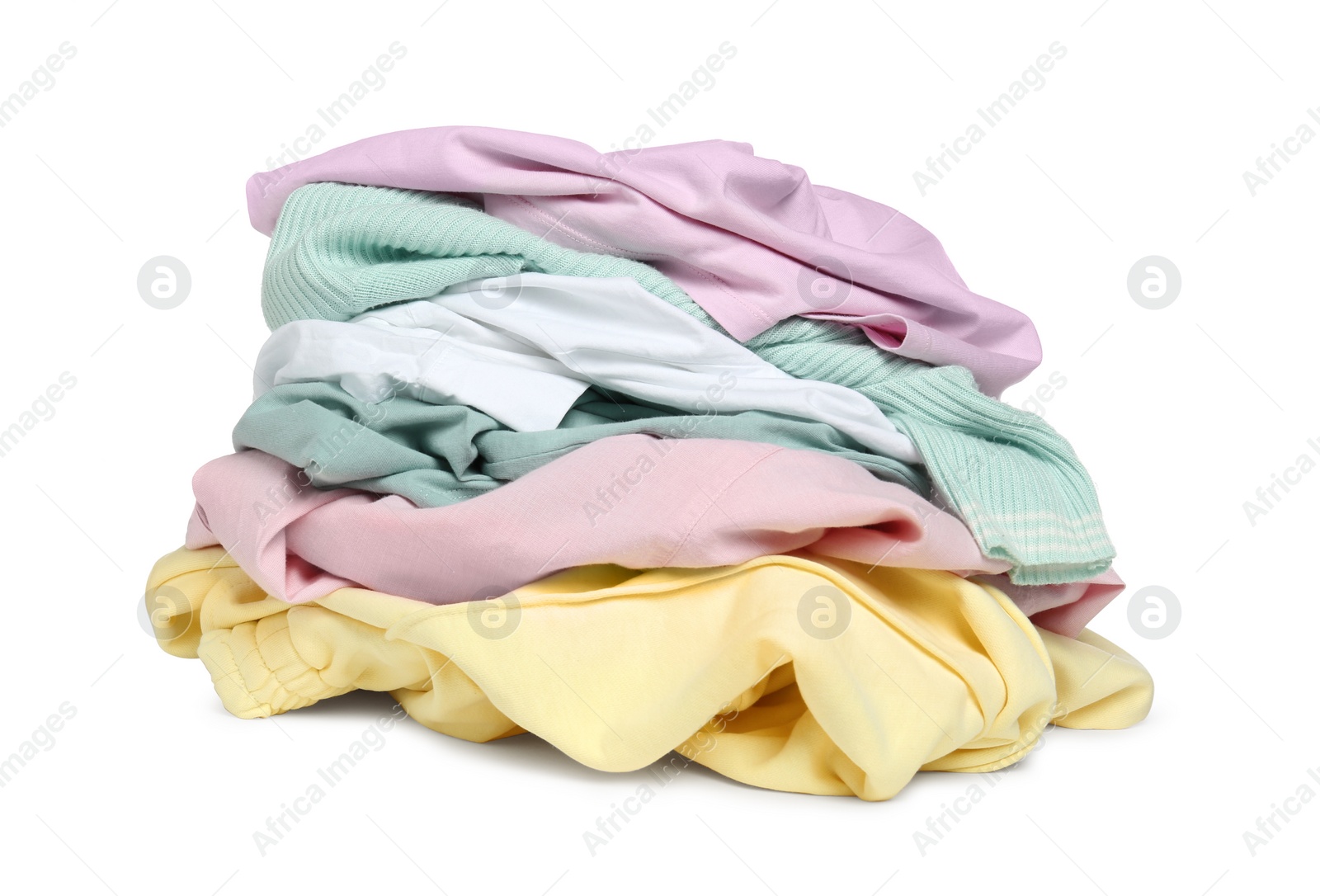 Photo of Pile of colorful clothes isolated on white