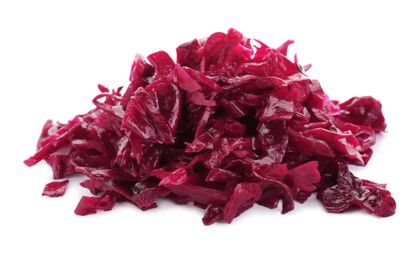 Photo of Pile of tasty red cabbage sauerkraut isolated on white