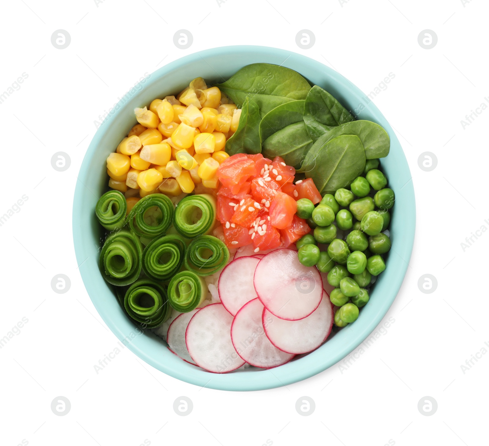 Photo of Delicious salad with salmon and vegetables in bowl isolated on white, top view