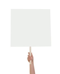 Woman holding blank protest sign on white background, closeup