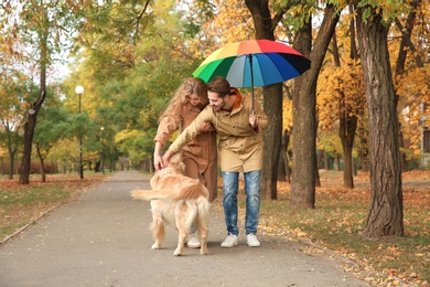 Photo of Young couple with umbrella and dog walking in park