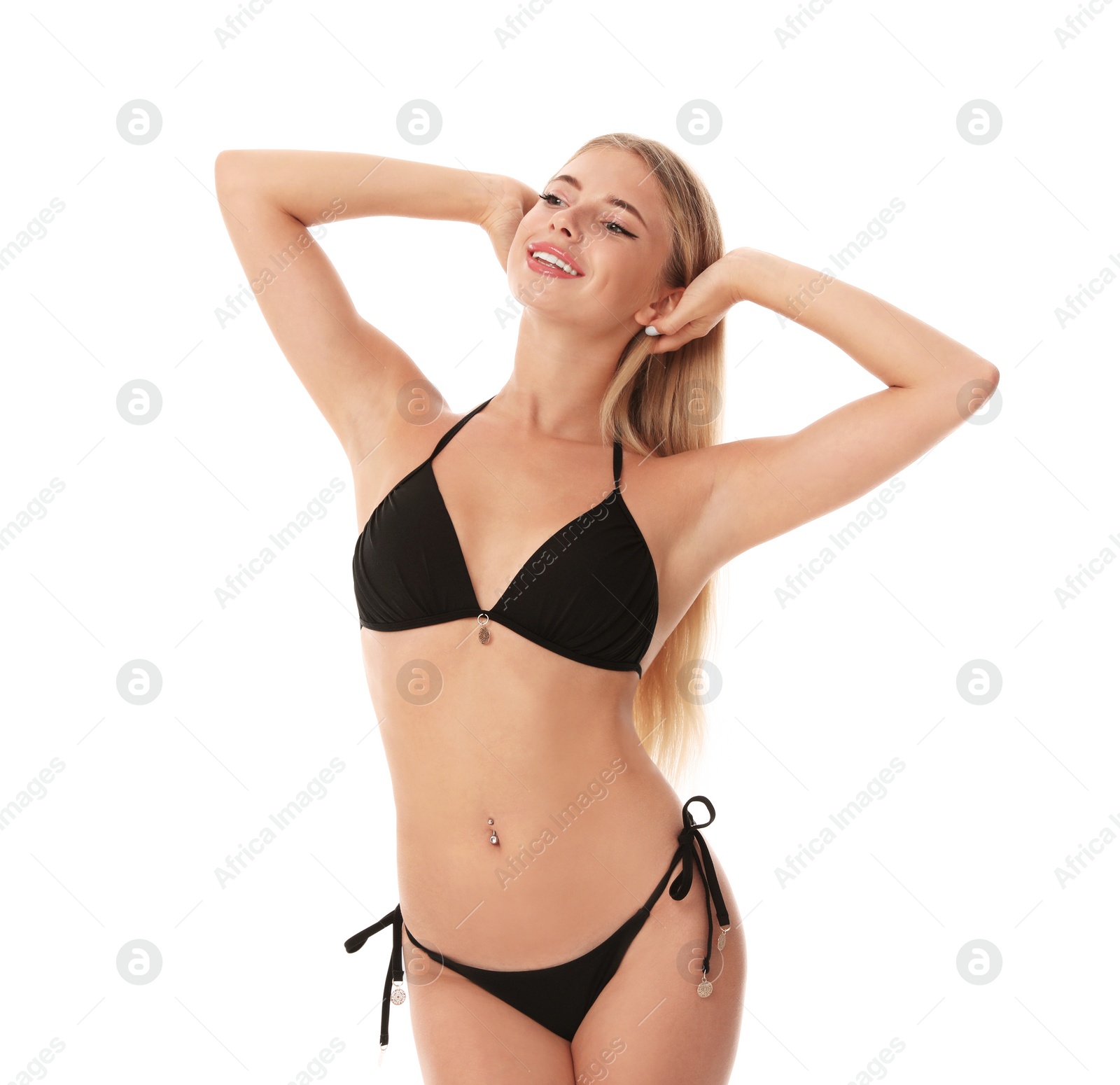 Photo of Pretty young woman wearing stylish bikini on white background