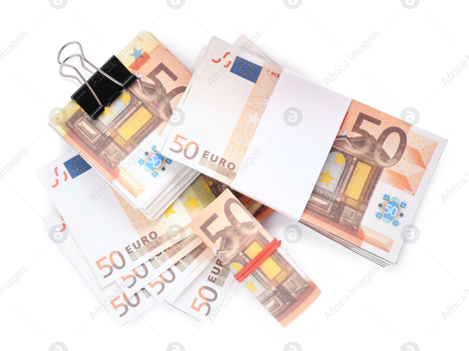 Photo of 50 Euro banknotes on white background, top view. Money exchange
