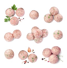 Set with fresh raw meatballs on white background, top view 