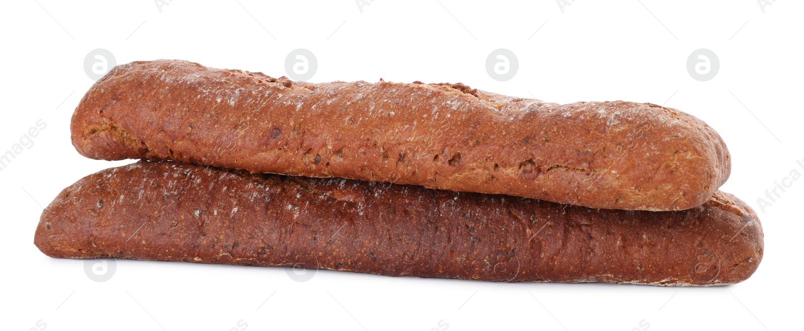 Photo of Tasty rye baguettes on white background. Fresh bread