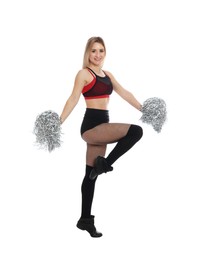 Photo of Beautiful cheerleader in costume holding pom poms on white background