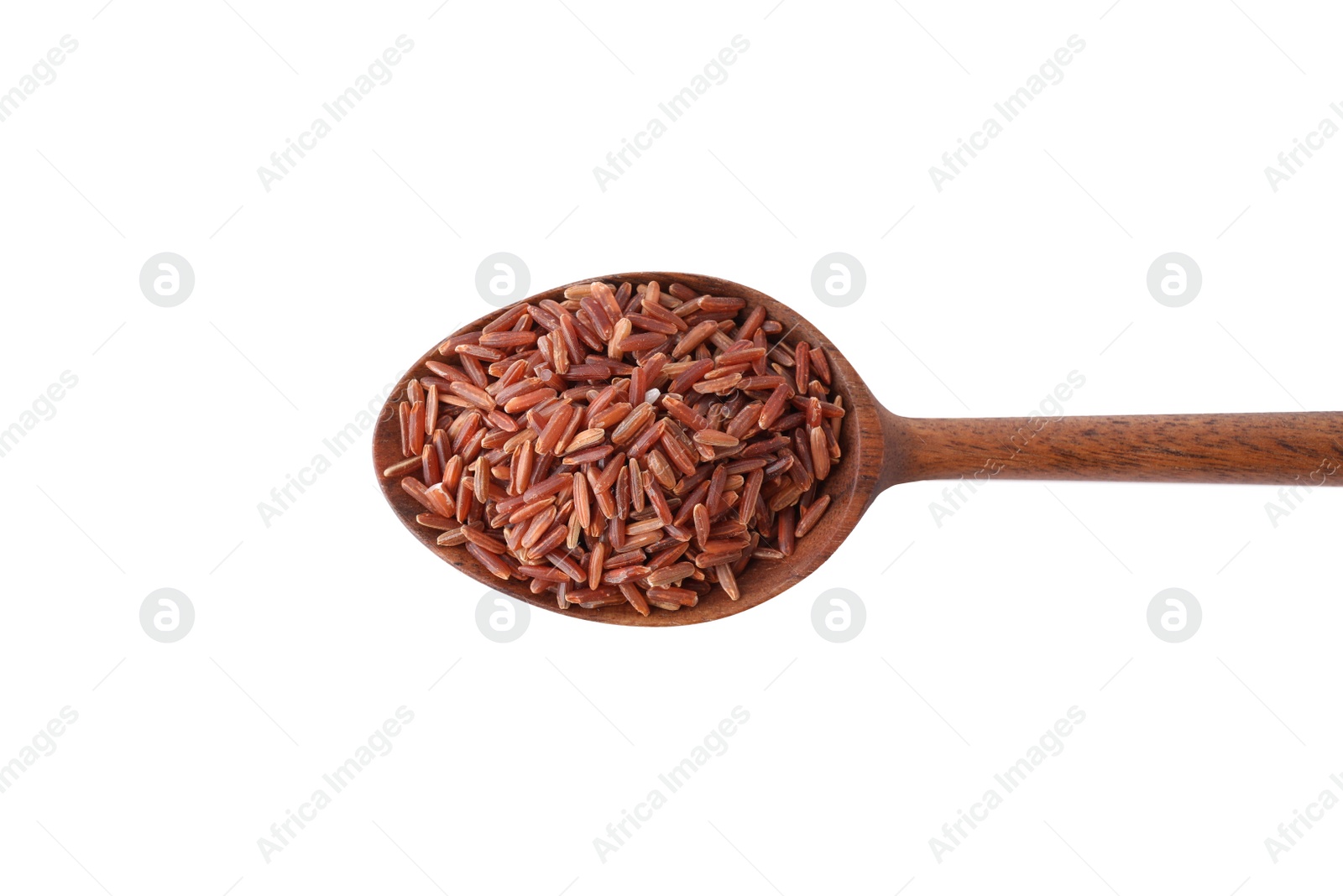 Photo of Brown rice in spoon isolated on white, top view