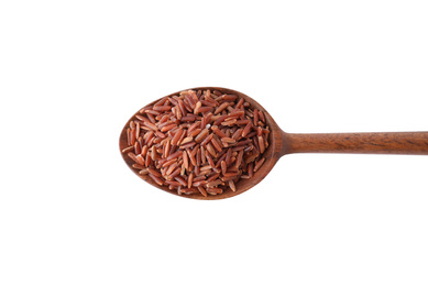 Photo of Brown rice in spoon isolated on white, top view