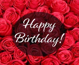 Image of Happy Birthday! Beautiful red roses as background, top view