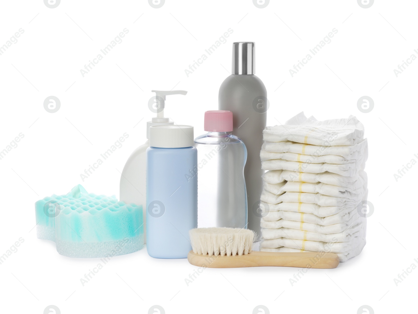 Photo of Set with different baby care products and dusting powder on white background