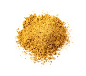 Photo of Pile of dry curry powder isolated on white, above view