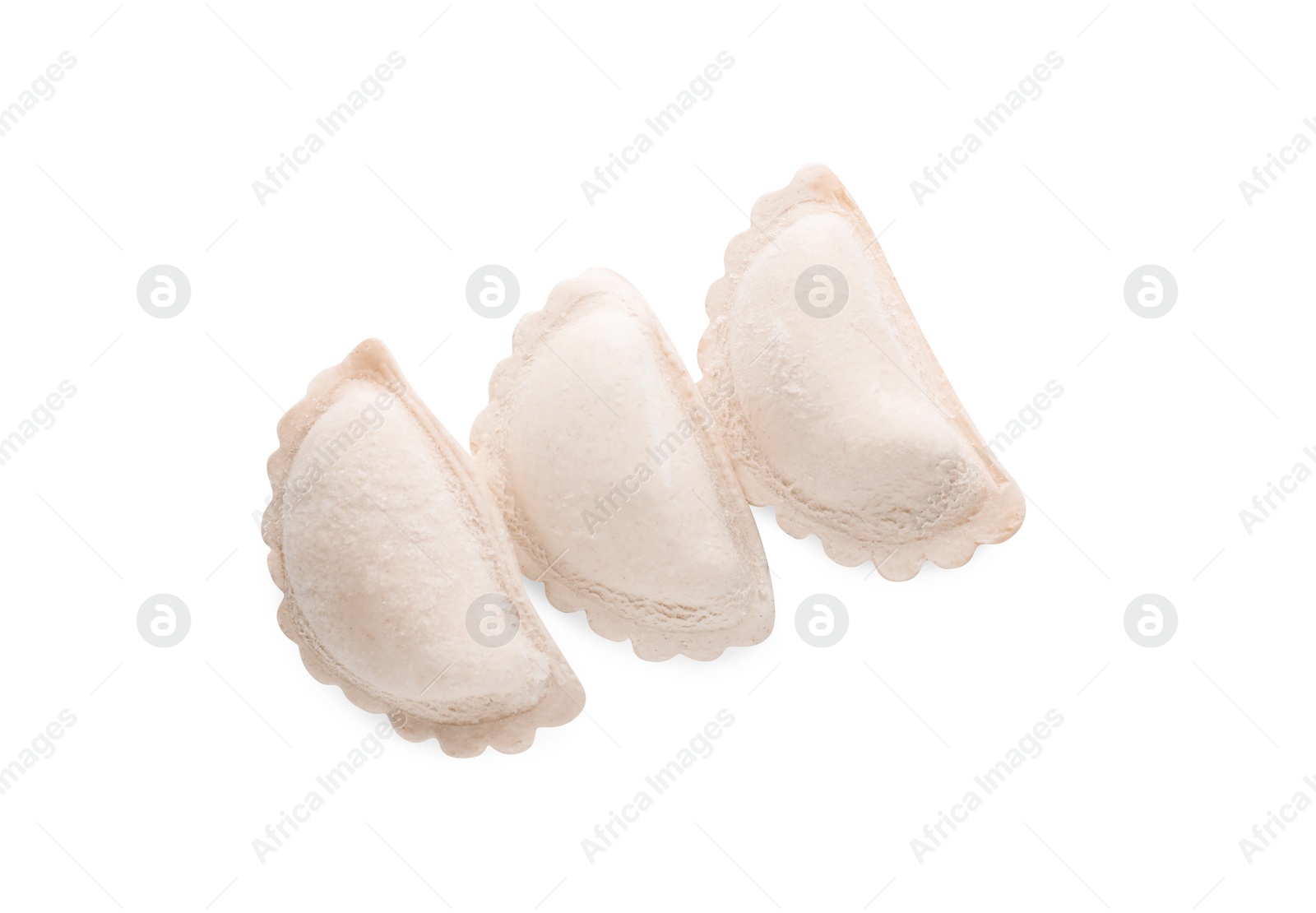 Photo of Raw dumplings (varenyky) on white background, top view