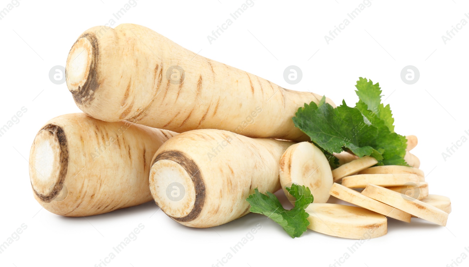 Photo of Tasty fresh ripe parsnips on white background