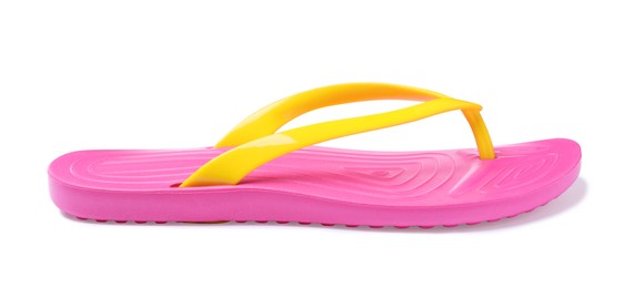 Photo of Single pink flip flop isolated on white. Beach object