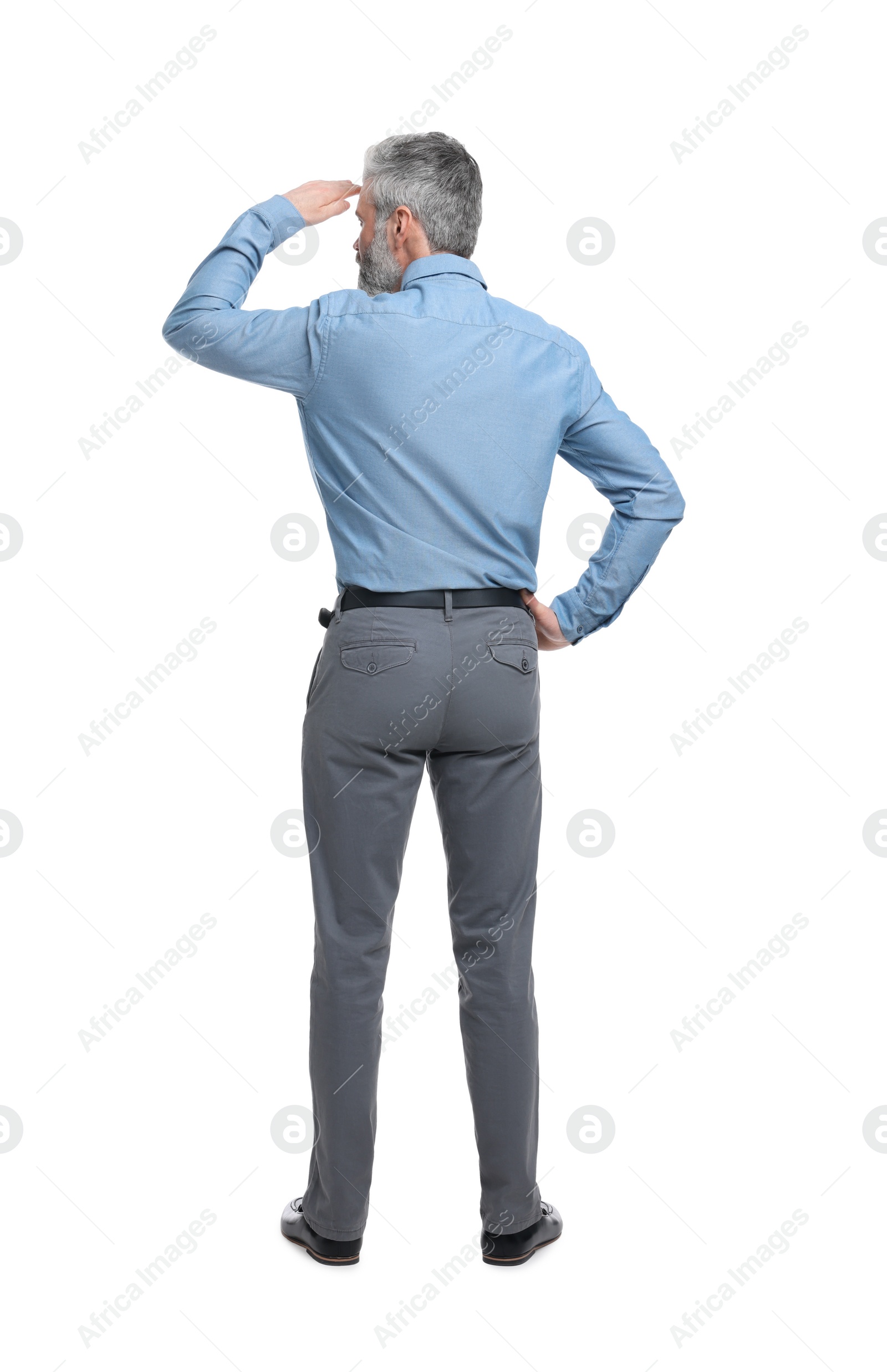 Photo of Mature businessman in stylish clothes posing on white background, back view