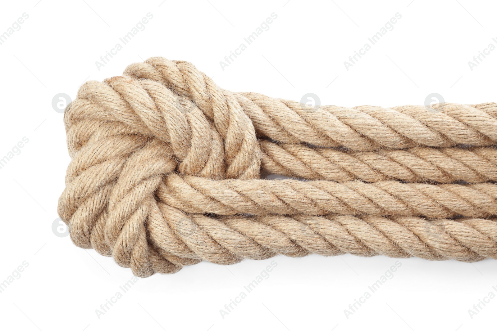 Photo of Hemp rope with knot isolated on white, top view