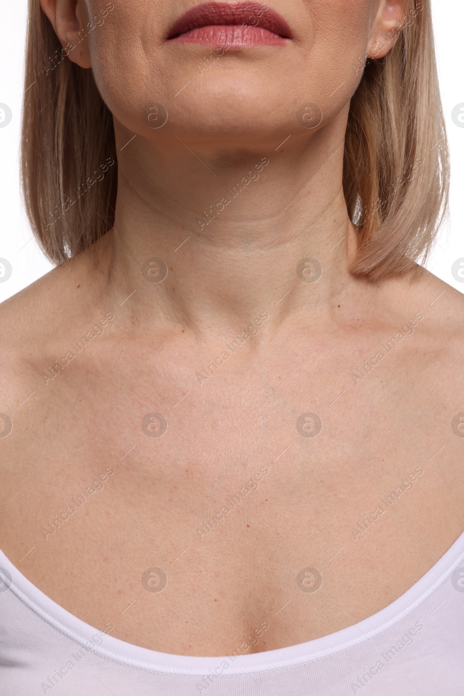 Photo of Woman with healthy skin on white background, closeup