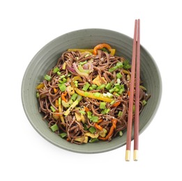 Stir-fry. Delicious cooked noodles with chicken in bowl and chopsticks isolated on white, top view