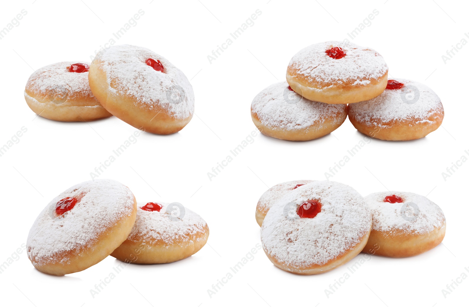 Image of Delicious donuts with jelly and powdered sugar on white background, collage