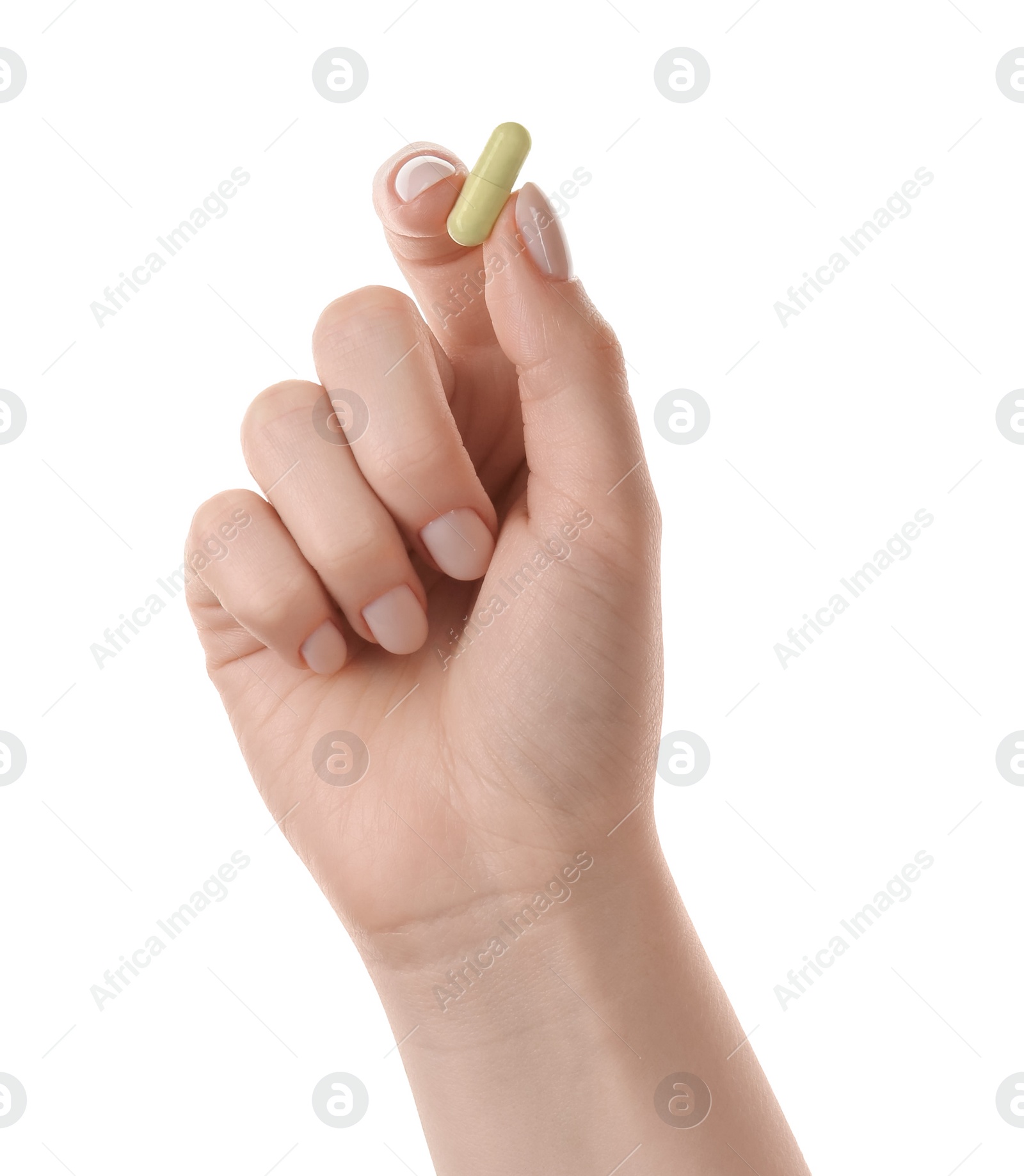 Photo of Woman holding vitamin capsule on white background, closeup. Health supplement