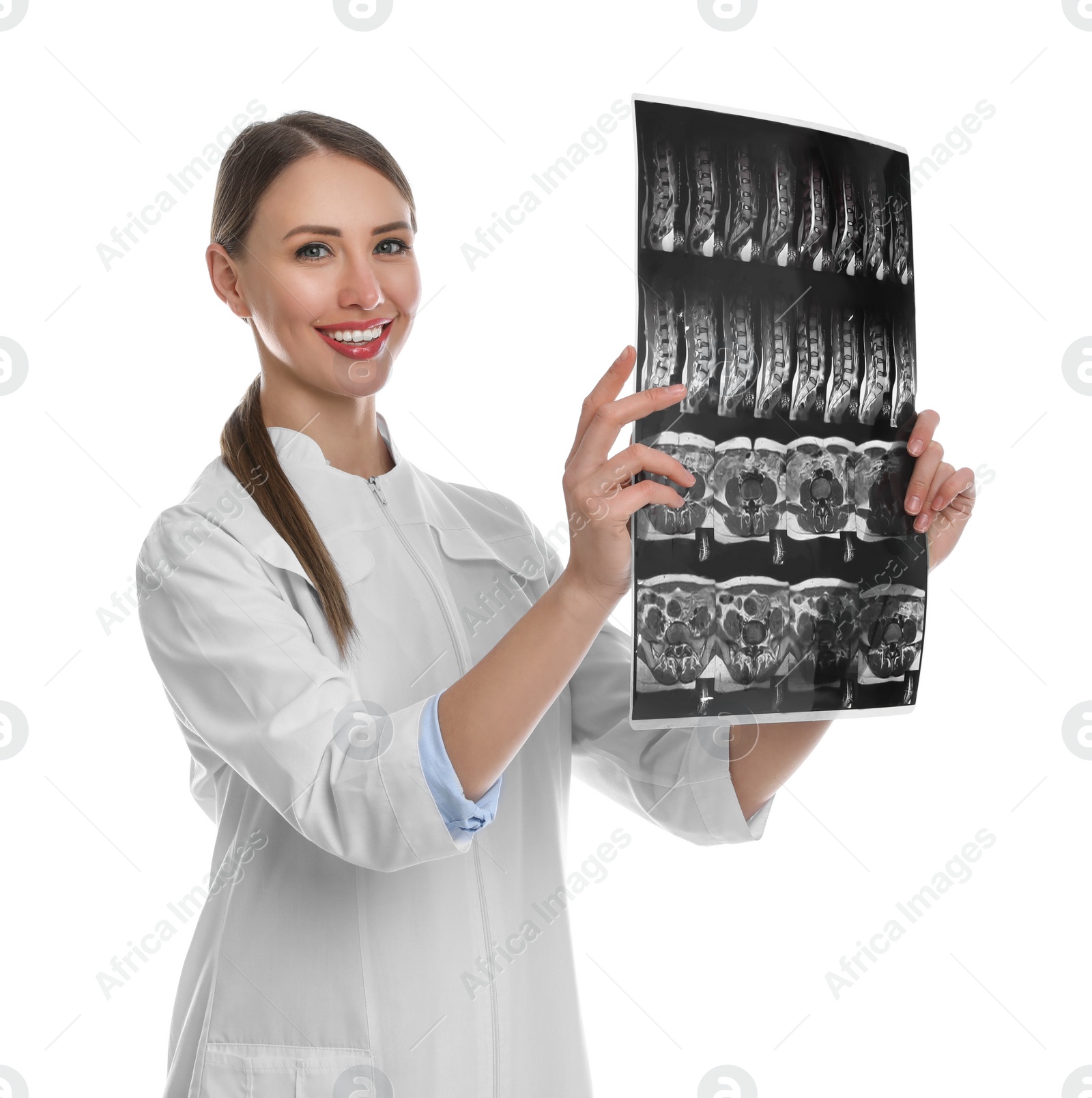 Photo of Orthopedist holding X-ray picture on white background