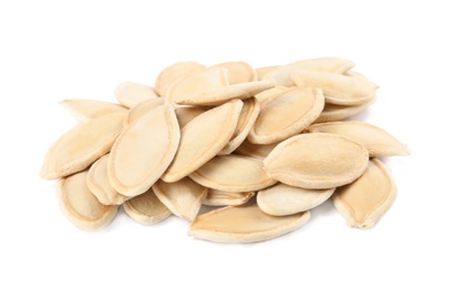 Photo of Pile of raw pumpkin seeds on white background