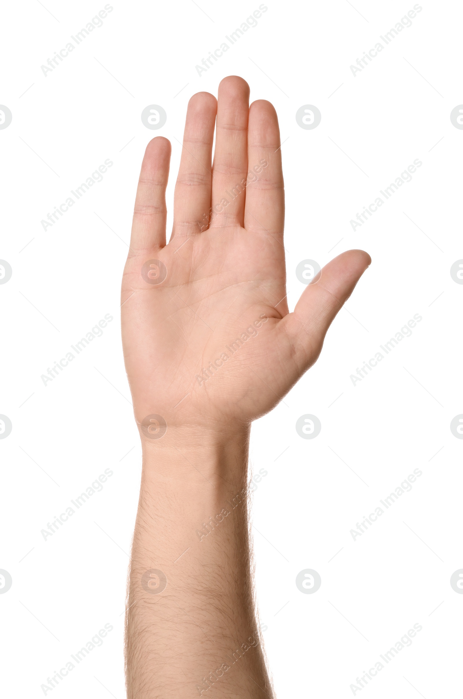 Photo of Man against white background, closeup of hand