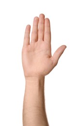 Photo of Man against white background, closeup of hand