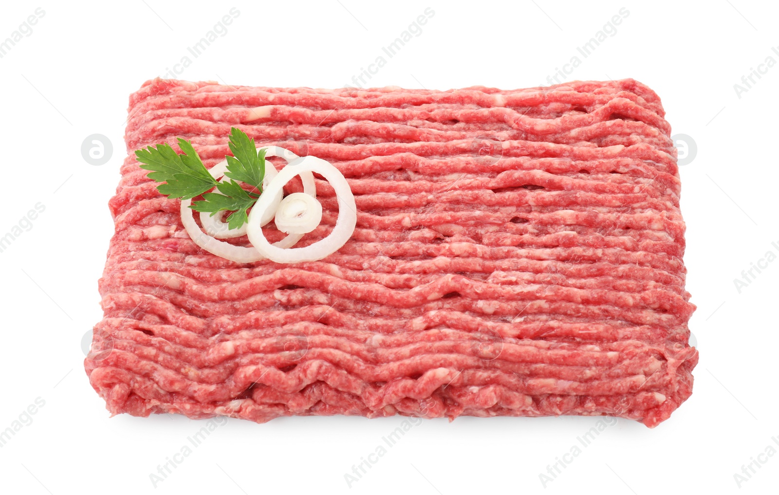 Photo of Raw ground meat, onion and parsley isolated on white