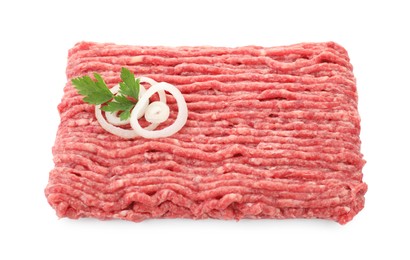 Raw ground meat, onion and parsley isolated on white