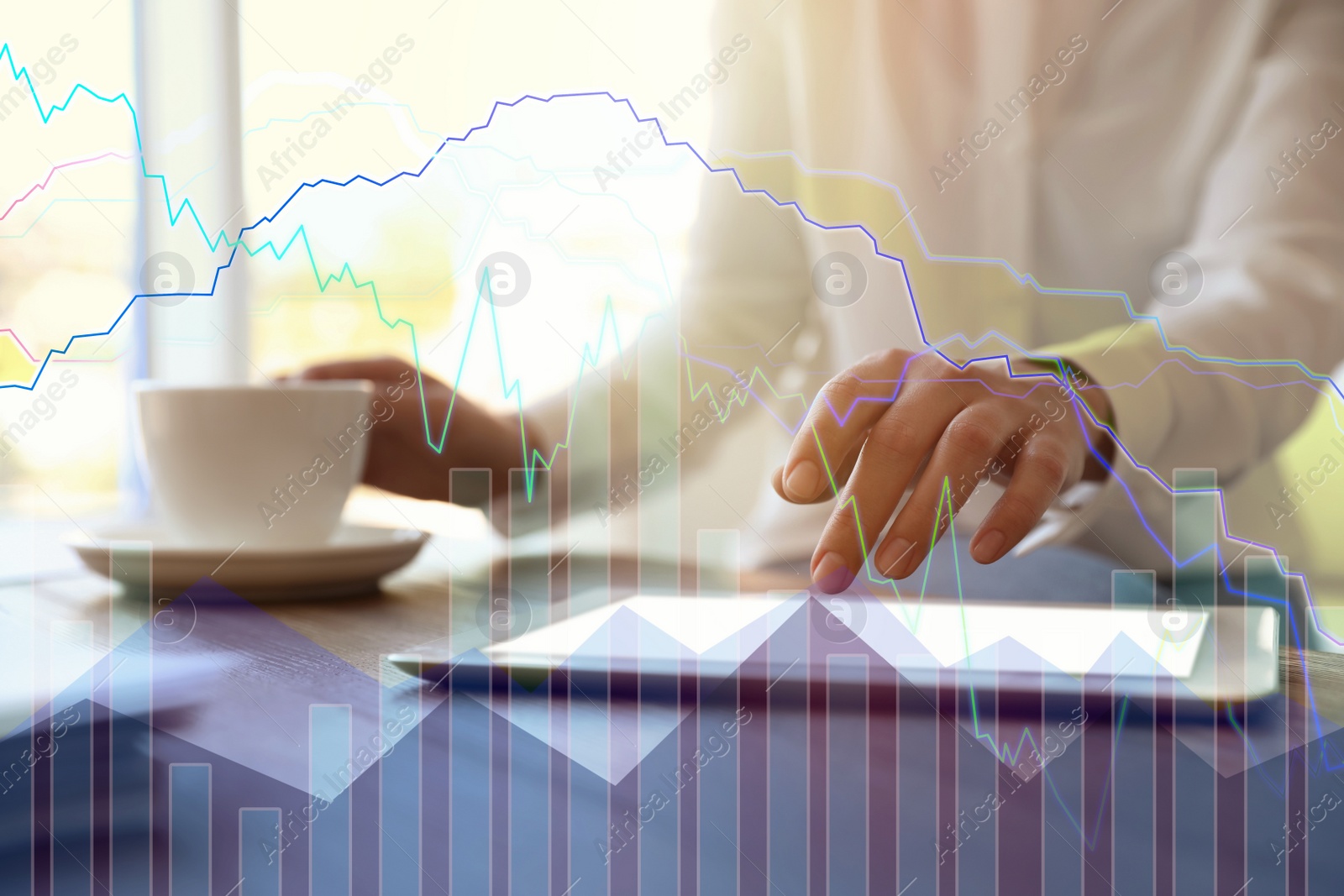 Image of Forex trading. Double exposure of charts and woman using tablet computer, closeup