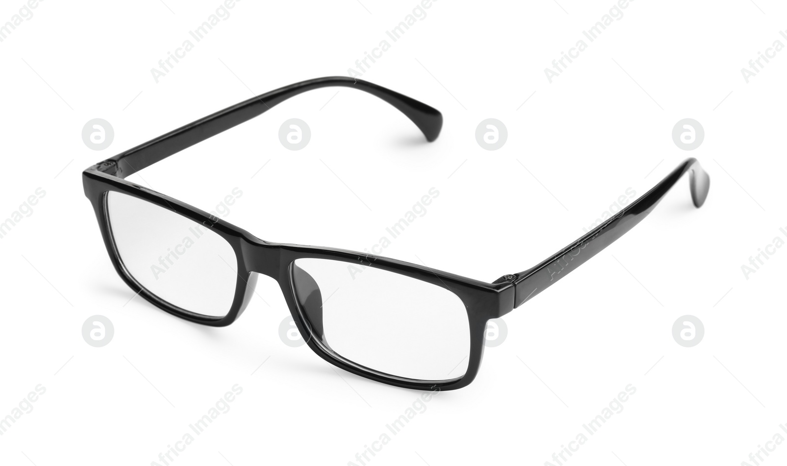 Photo of Stylish glasses with black frame isolated on white