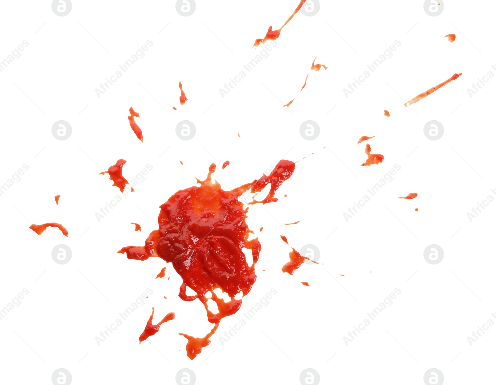 Photo of Tasty ketchup isolated on white, top view. Tomato sauce
