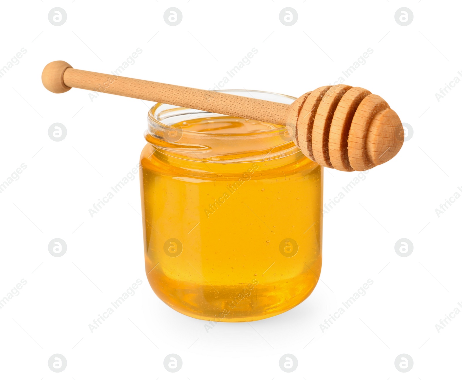 Photo of Tasty honey in glass jar and dipper isolated on white