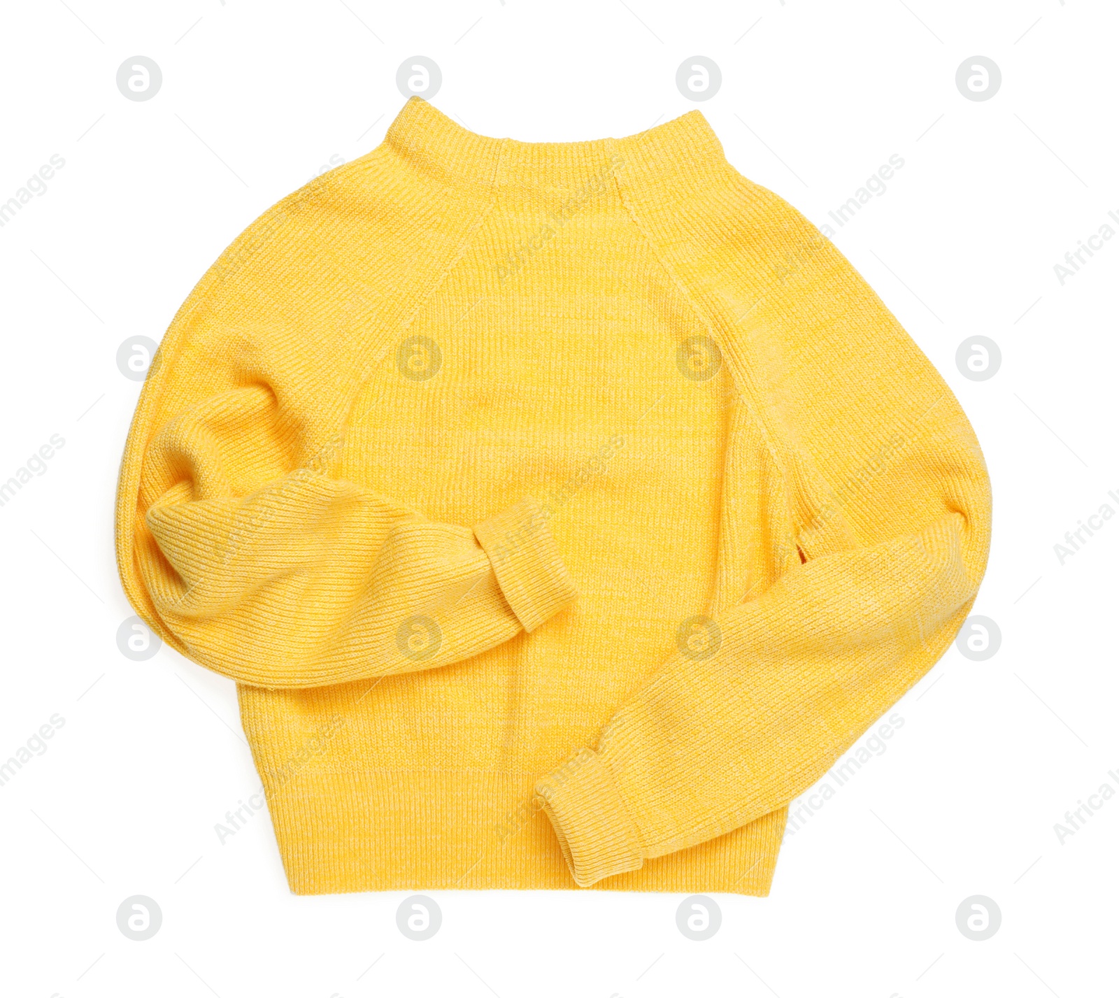 Photo of Yellow woolen sweater isolated on white, top view