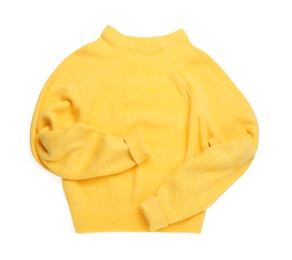 Yellow woolen sweater isolated on white, top view