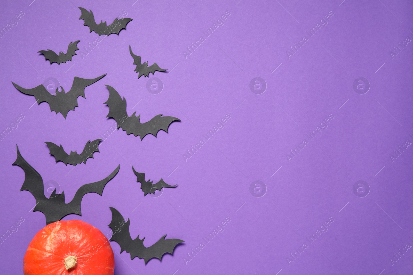 Photo of Flat lay composition with pumpkin and paper bats on purple background, space for text. Halloween decor