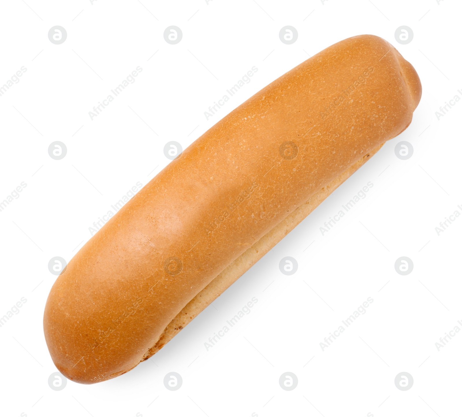 Photo of One fresh hot dog bun isolated on white, top view