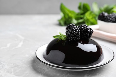 Photo of Delicious jelly with blackberries and mint on grey table