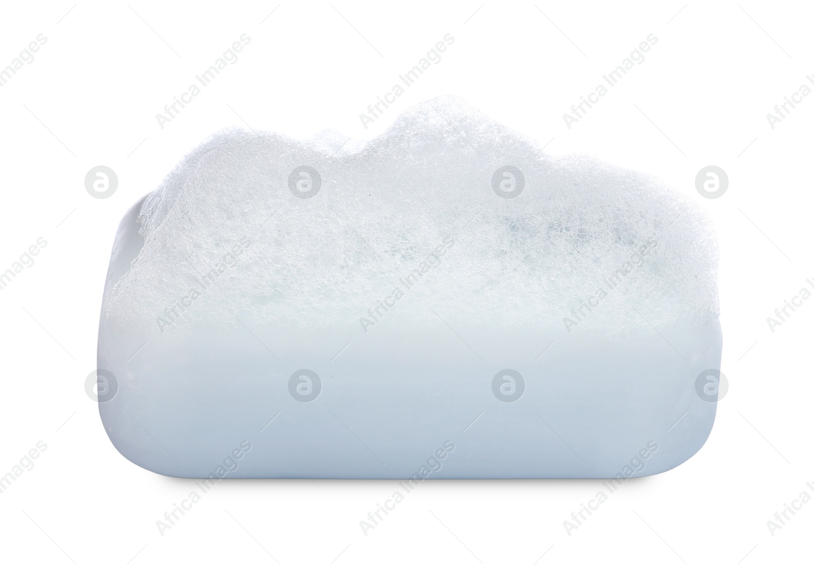 Photo of Soap bar with fluffy foam on white background