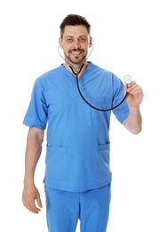 Photo of Portrait of male doctor in scrubs with stethoscope isolated on white. Medical staff
