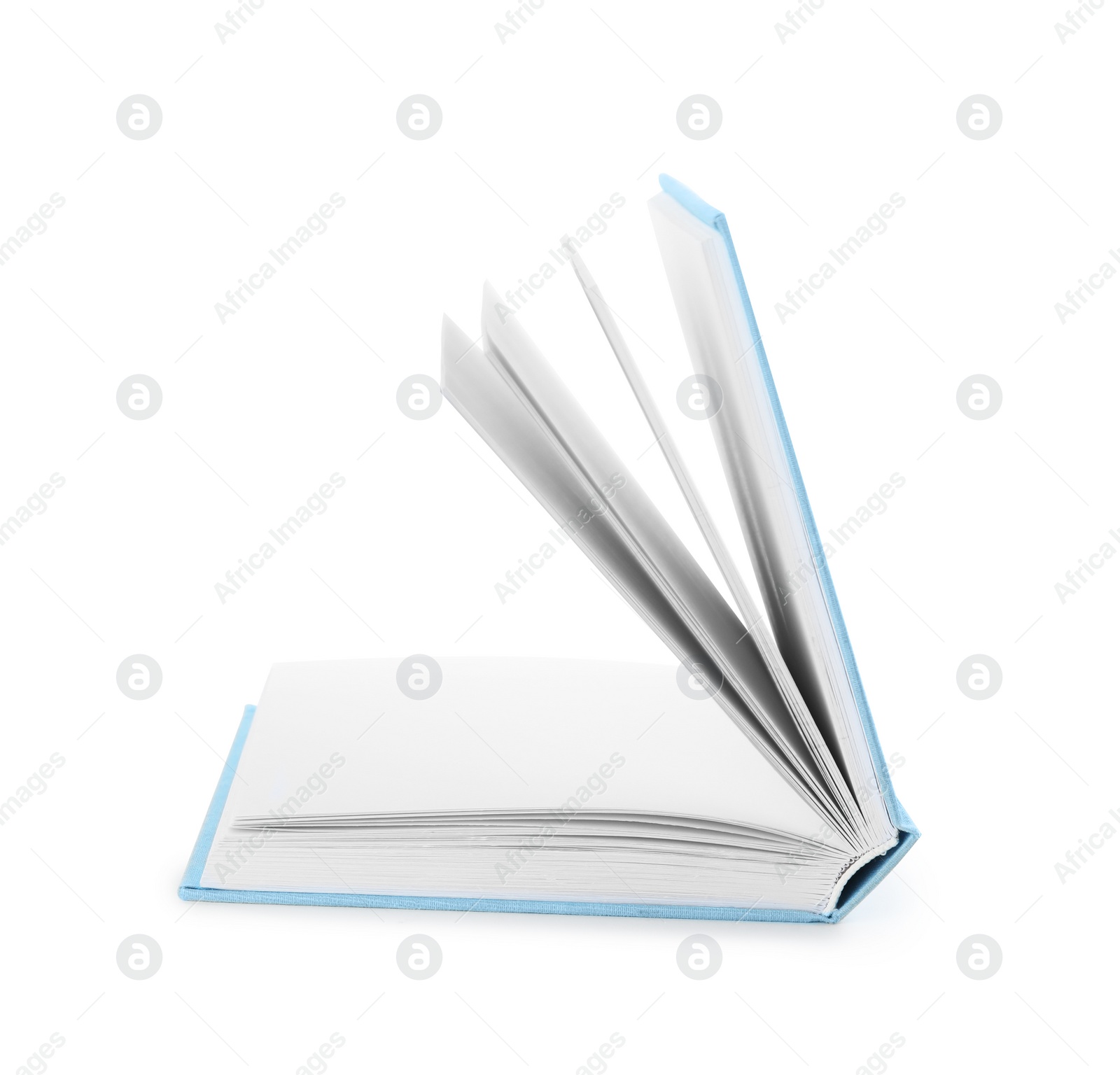 Photo of Open hardcover book with blank pages on white background