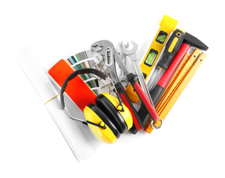 Different construction tools isolated on white, top view