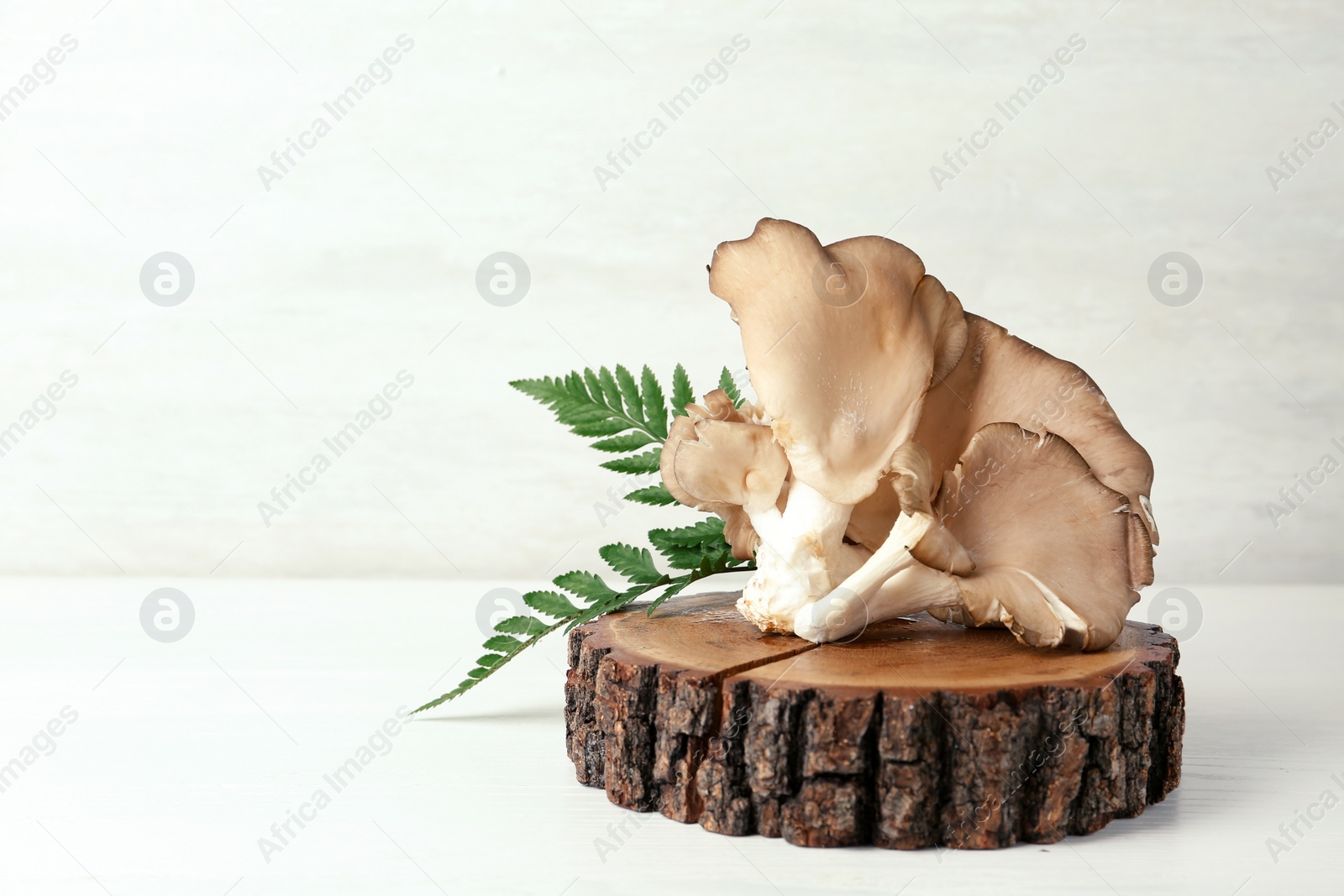 Photo of Wooden coaster with delicious organic oyster mushrooms on table, space for text