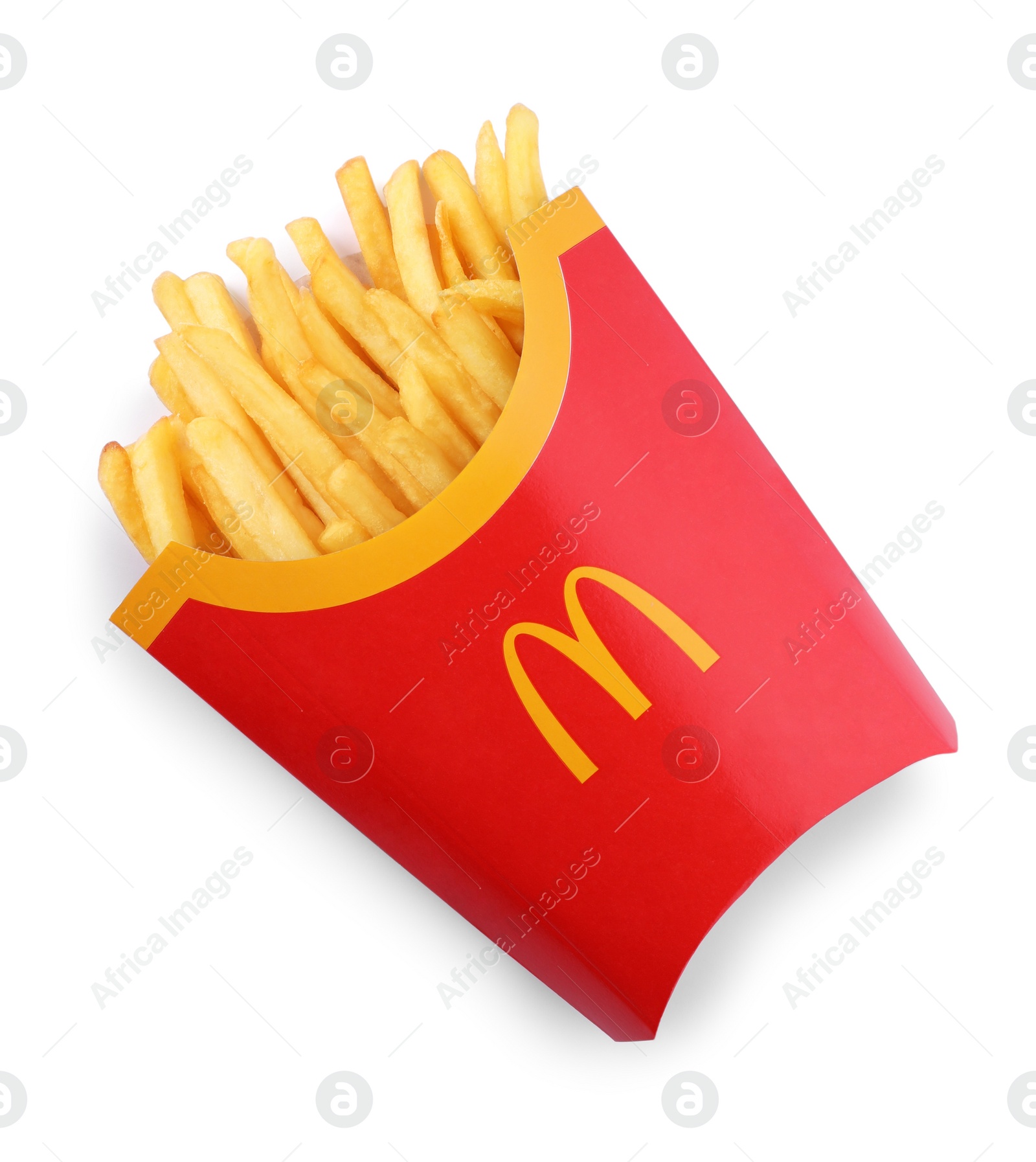 Photo of MYKOLAIV, UKRAINE - AUGUST 11, 2021: Big portion of McDonald's French fries isolated on white, top view