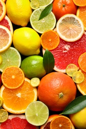 Photo of Sliced and whole citrus fruits with leaves as background, top view