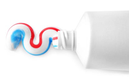Photo of Tube with toothpaste on white background. Dental care
