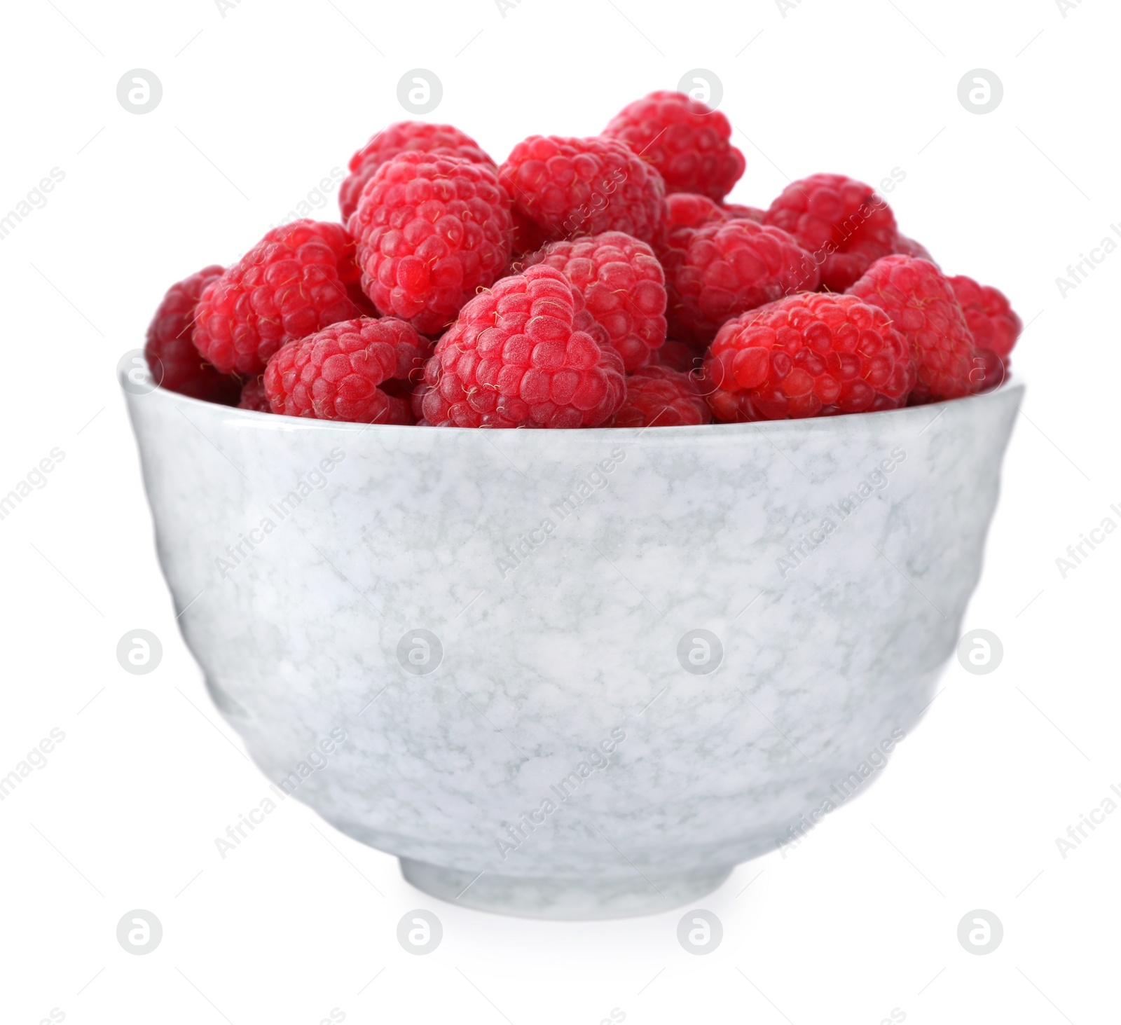 Photo of Delicious fresh ripe raspberries in bowl isolated on white