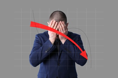 Image of Upset businessman and illustration of falling down chart on light grey background. Economy recession concept
